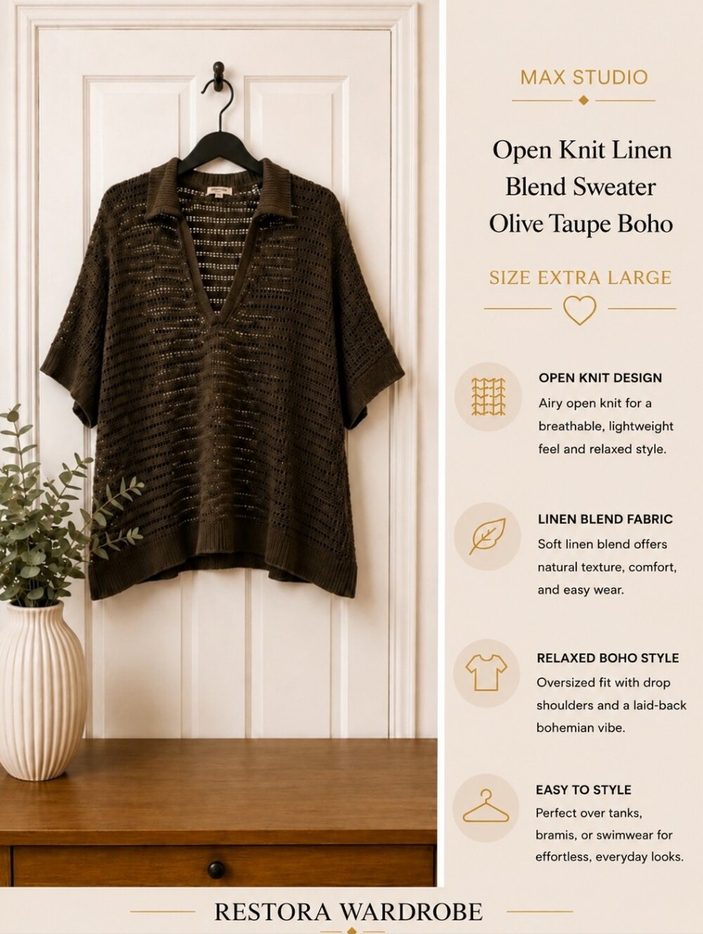 Max Studio Open Knit Linen Blend Sweater Olive Taupe XL Boho